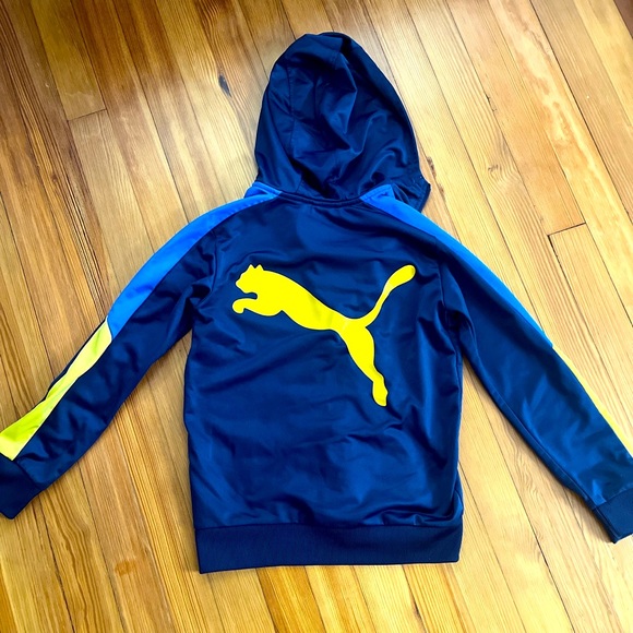 Medium Blue Puma Hoodie w Puma Emblem Front/Back + Lighter Blue/Yellow Stripping - Picture 1 of 5
